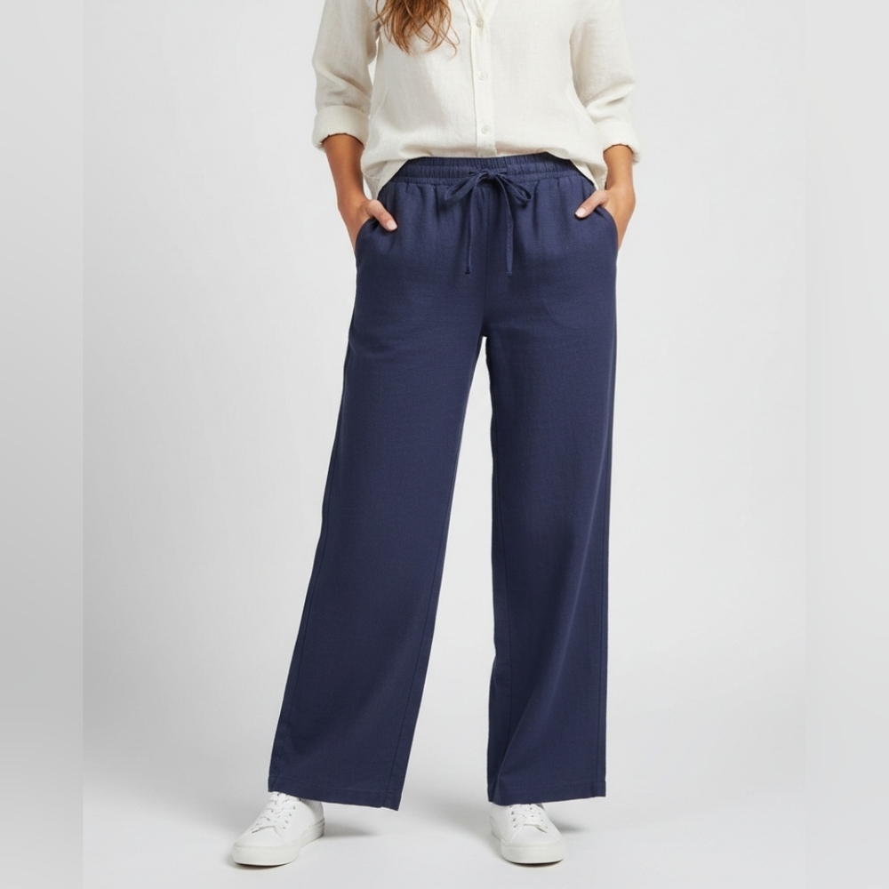 Women's Blue Pants Linen XL Wide Leg Coastal Chic Boho Summer Minimalist Cruise